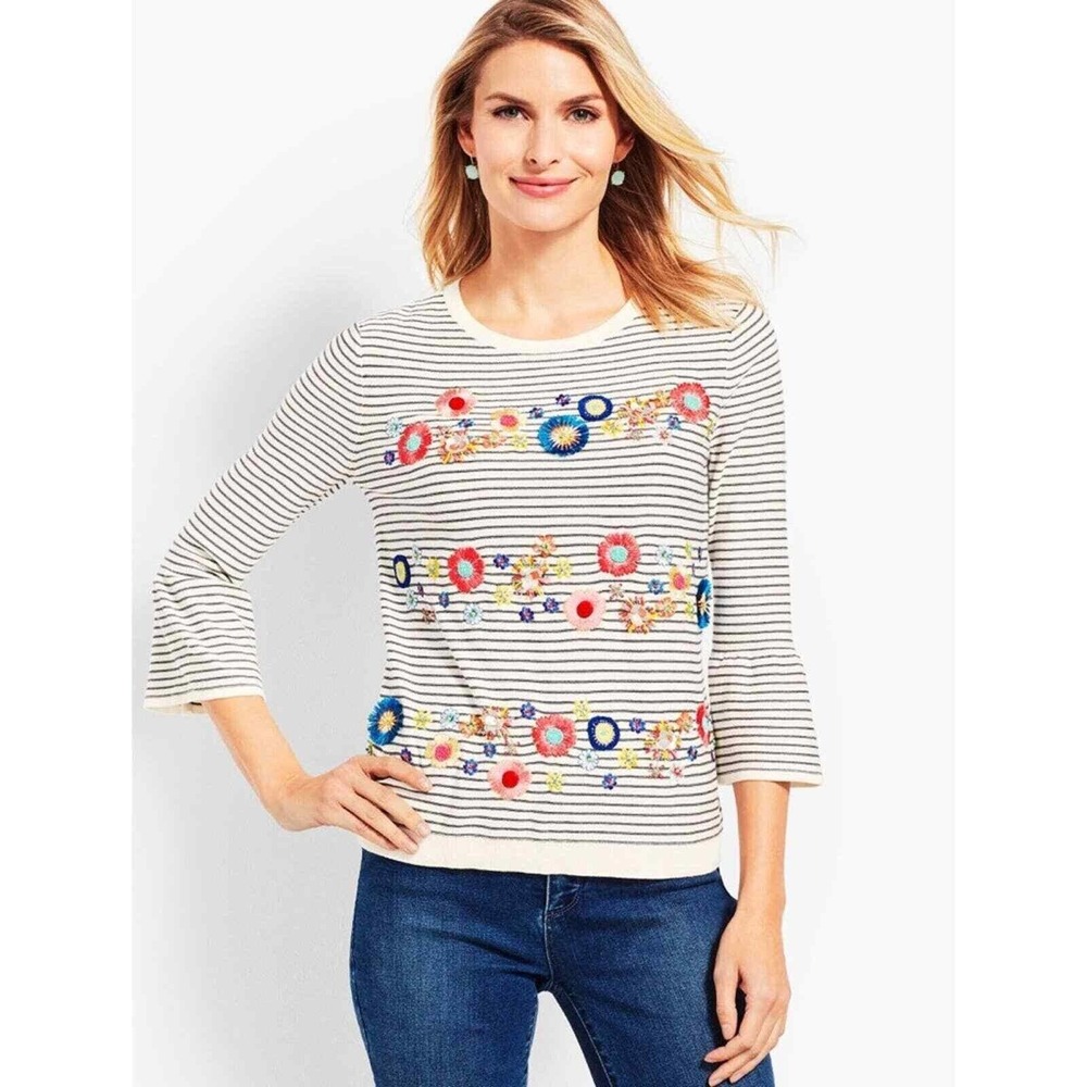 Talbots Floral Row Striped Embellished Embroidered Crewneck Sweater Plus Size 1X - Picture 10 of 12